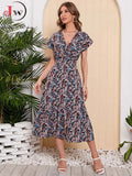 Women Summer Chiffon Floral Print Long Dress Short Sleeve Elegant V Neck Elastic Waist Holiday Beach Dress - SJB-DIAMOND ELITES