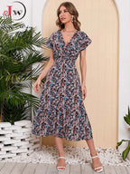 Women Summer Chiffon Floral Print Long Dress Short Sleeve Elegant V Neck Elastic Waist Holiday Beach Dress - SJB-DIAMOND ELITES