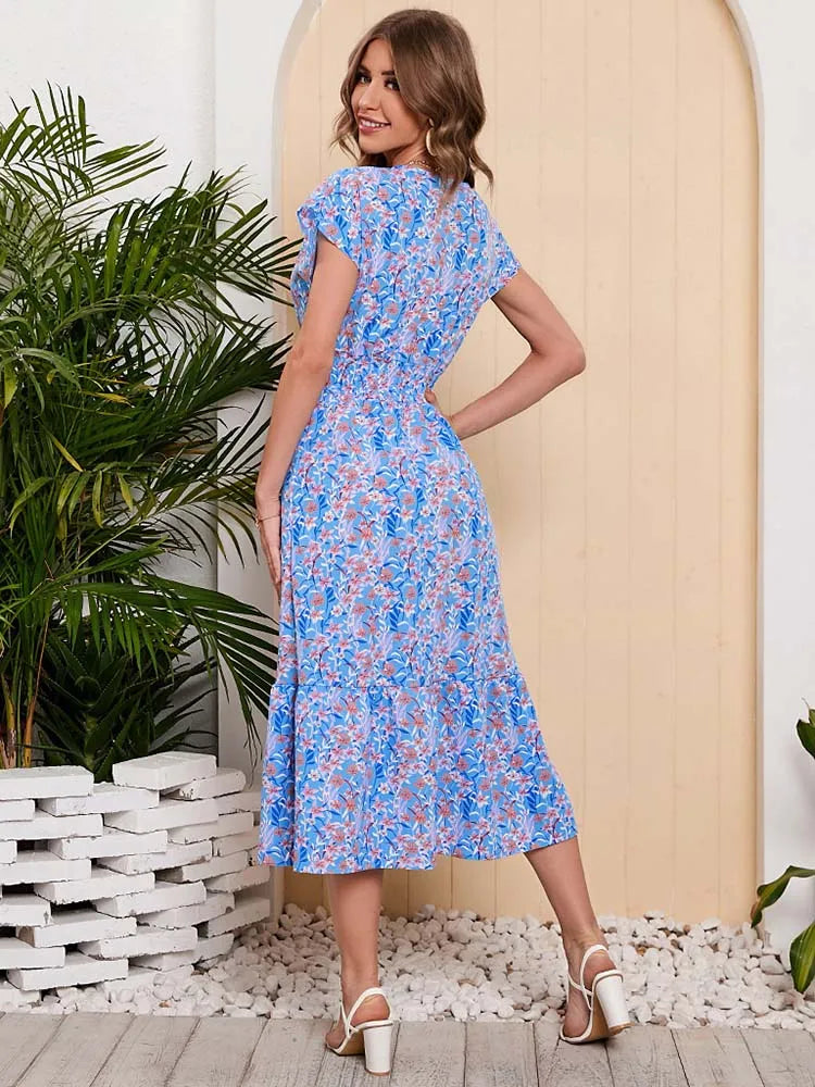 Women Summer Chiffon Floral Print Long Dress Short Sleeve Elegant V Neck Elastic Waist Holiday Beach Dress - SJB-DIAMOND ELITES