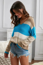 Women Sky Blue V Neck Colorblock Hollow-out Knitted Sweater - SJB-DIAMOND ELITES