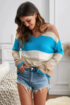Women Sky Blue V Neck Colorblock Hollow-out Knitted Sweater - SJB-DIAMOND ELITES