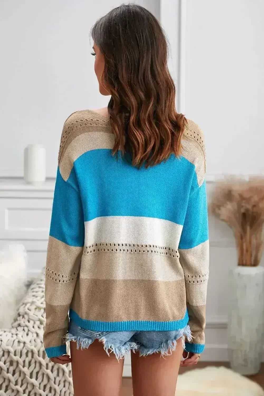 Women Sky Blue V Neck Colorblock Hollow-out Knitted Sweater - SJB-DIAMOND ELITES
