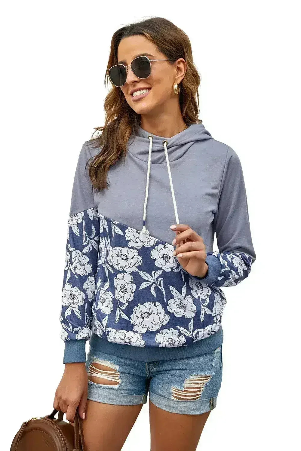 Women's Gray Floral Splicing Cowl Neck Hoodie - SJB-DIAMOND ELITES