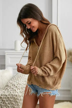 Womens Khaki Zipper V-neck Dropped Sleeve Hooded Sweater - SJB-DIAMOND ELITES
