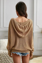 Womens Khaki Zipper V-neck Dropped Sleeve Hooded Sweater - SJB-DIAMOND ELITES