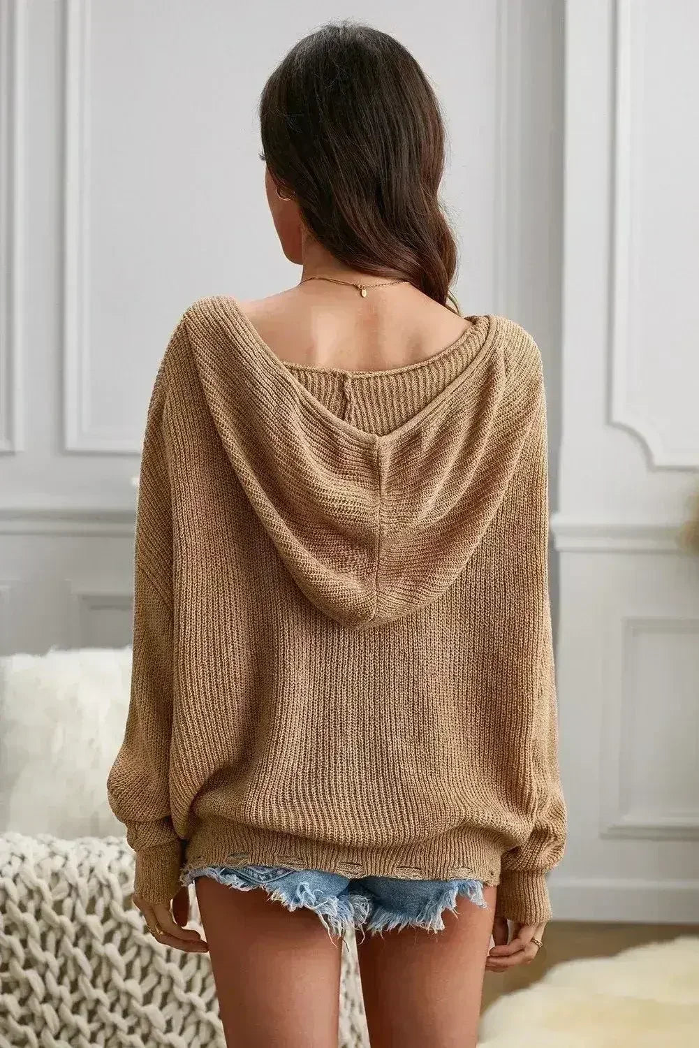 Womens Khaki Zipper V-neck Dropped Sleeve Hooded Sweater - SJB-DIAMOND ELITES