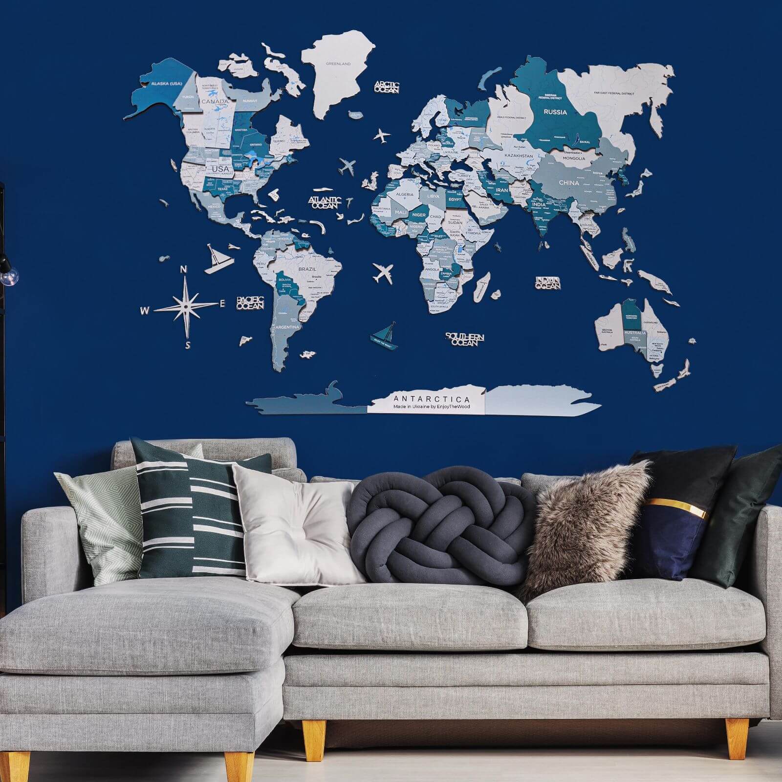 3D Luminous/Magnetic Colored Wooden World Map Aqua Enjoy The Wood