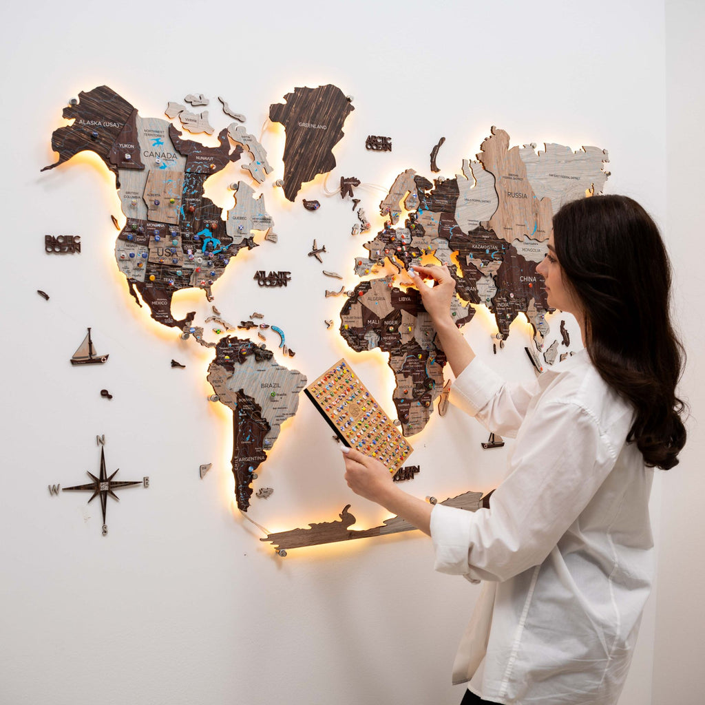 3D LED / LUMINOUS Wooden World Map 3.0 Cappuccino - SJB-DIAMOND ELITES
