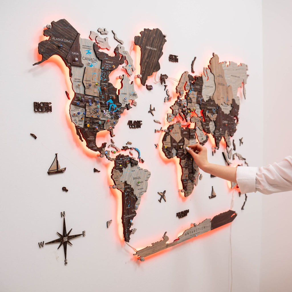 3D LED / LUMINOUS Wooden World Map 3.0 Cappuccino - SJB-DIAMOND ELITES