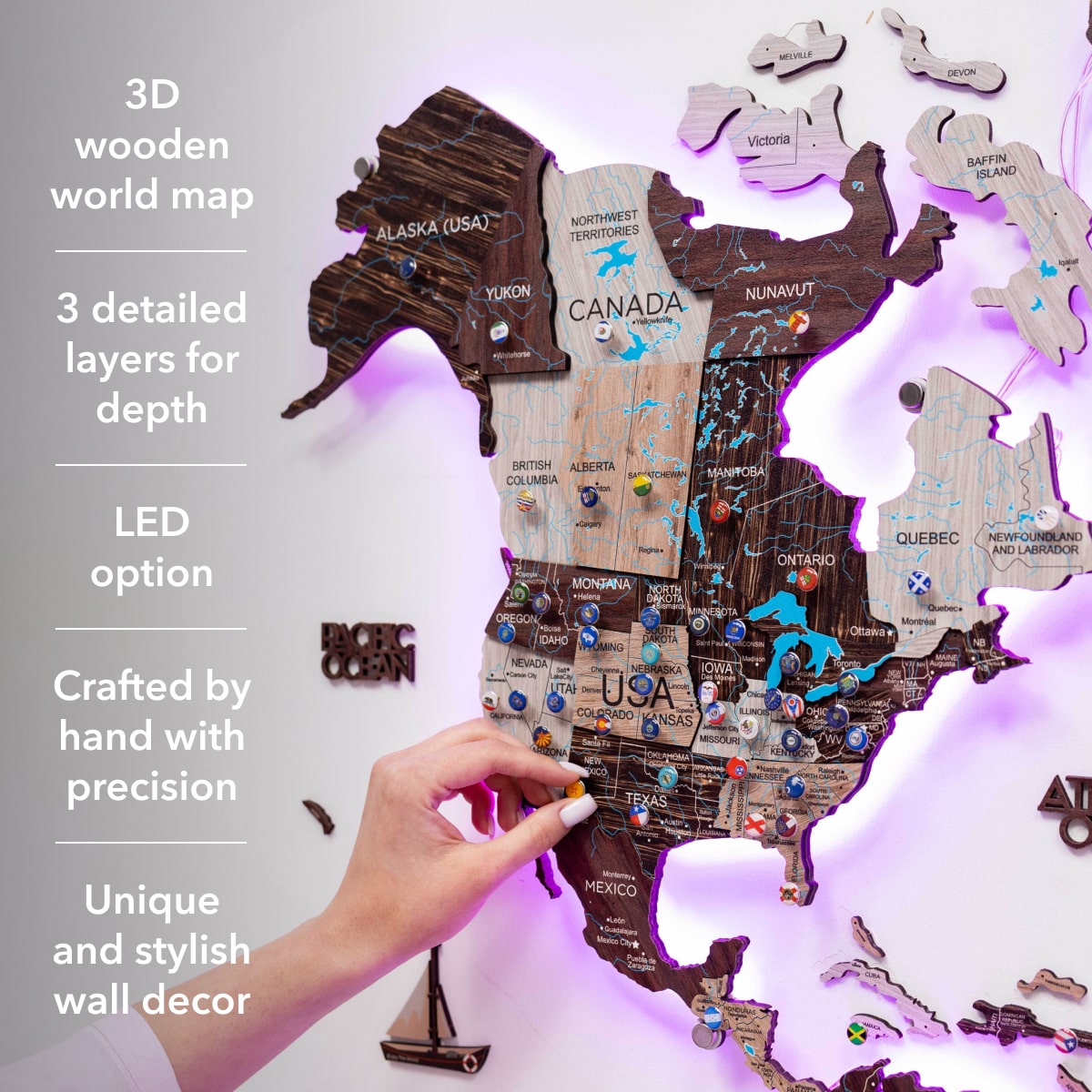 3D LED / LUMINOUS Wooden World Map 3.0 Cappuccino - SJB-DIAMOND ELITES