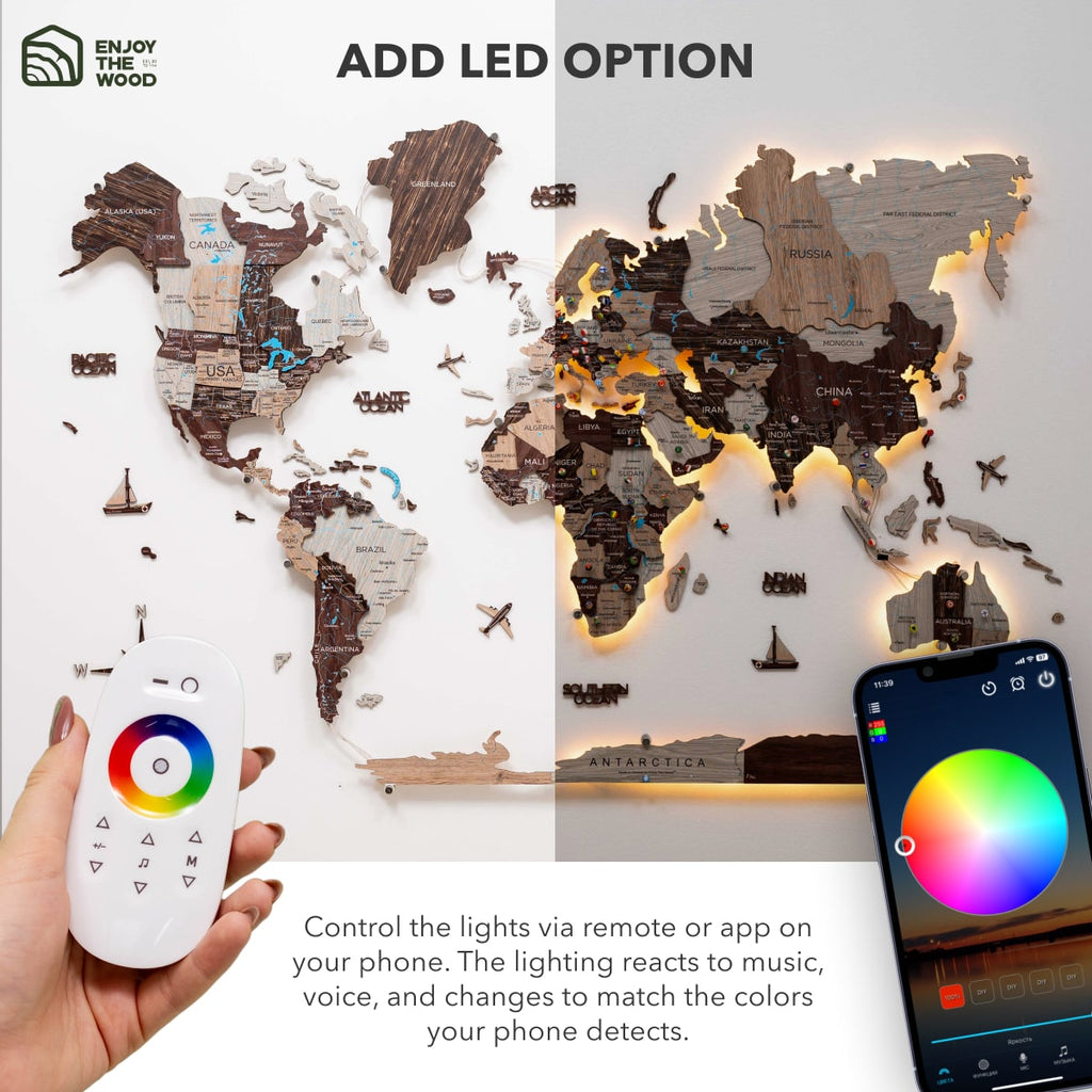 3D LED / LUMINOUS Wooden World Map 3.0 Cappuccino - SJB-DIAMOND ELITES