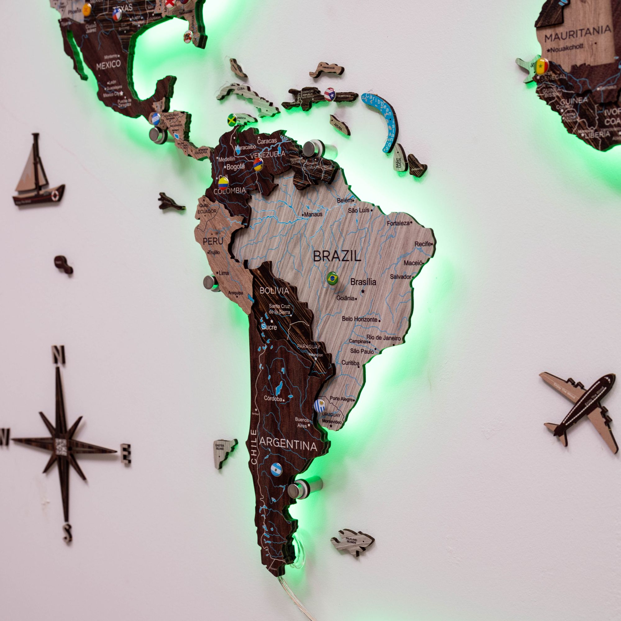 3D LED / LUMINOUS Wooden World Map 3.0 Cappuccino - SJB-DIAMOND ELITES