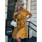 European And American Summer V Neck Short Sleeved Ruffled Polka Dot Dress Pi-Mart