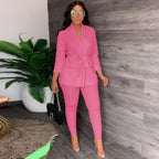 V-Neck Lace-up Shirt Tight Pants Set Pi-Mart
