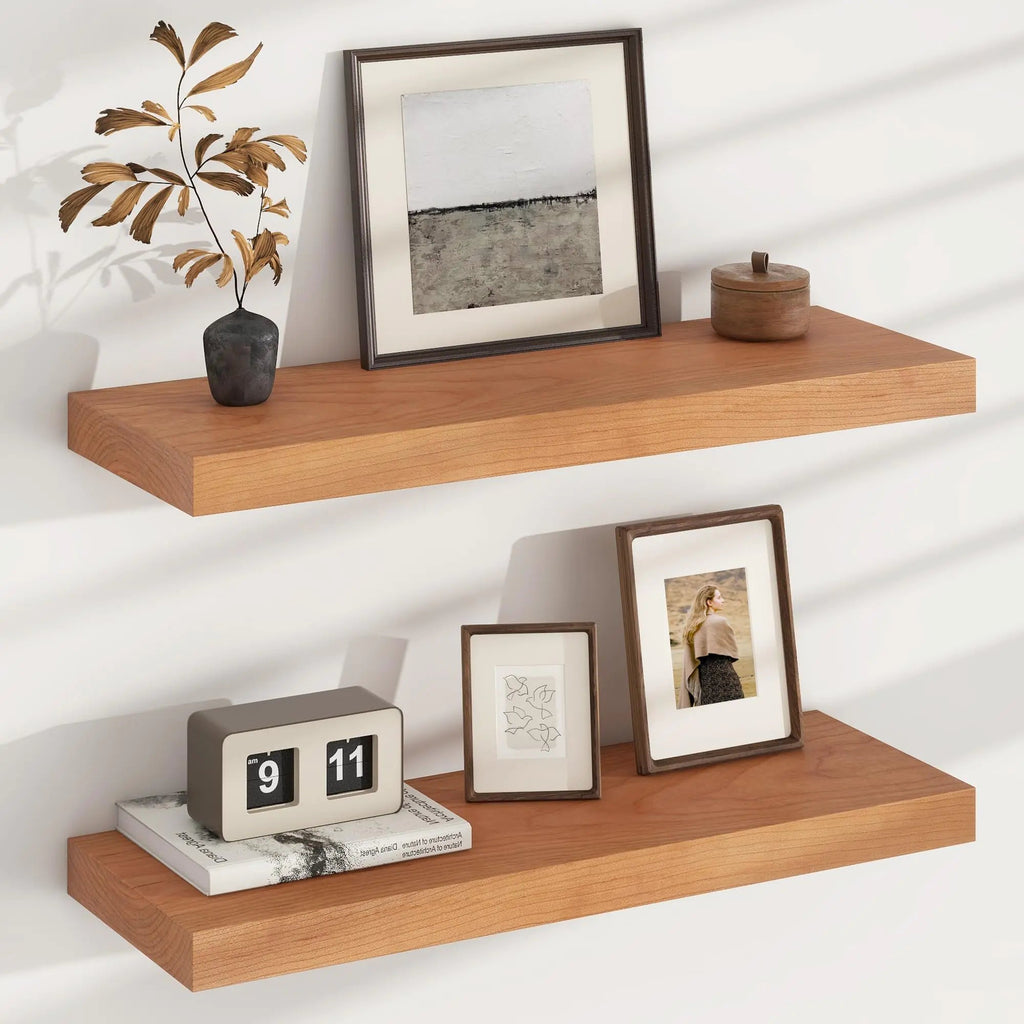 Floating Shelves for Wall USA-Sourced Cherry Wood 24 Inch Wall Shelves Set of 2 Natural Wooden Wall Mounted Picture Ledge Shelf Nursery Book Storage Shelf Kids Bookshelf Display Shelf for Bathroom Lootquake LLC
