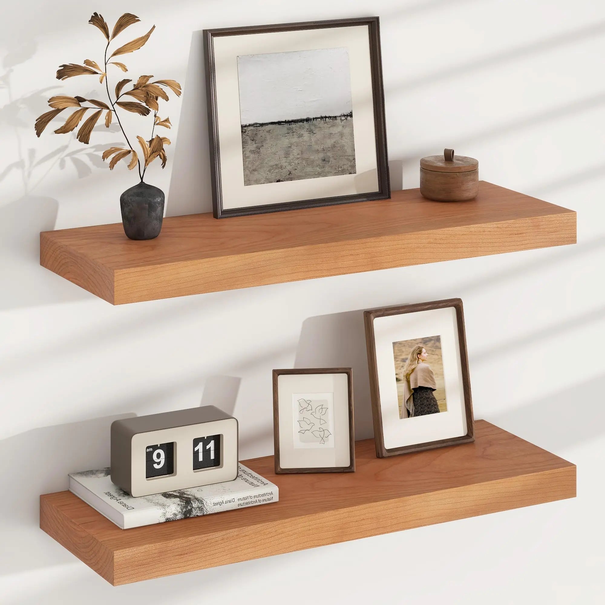 Floating Shelves for Wall USA-Sourced Cherry Wood 24 Inch Wall Shelves Set of 2 Natural Wooden Wall Mounted Picture Ledge Shelf Nursery Book Storage Shelf Kids Bookshelf Display Shelf for Bathroom Lootquake LLC