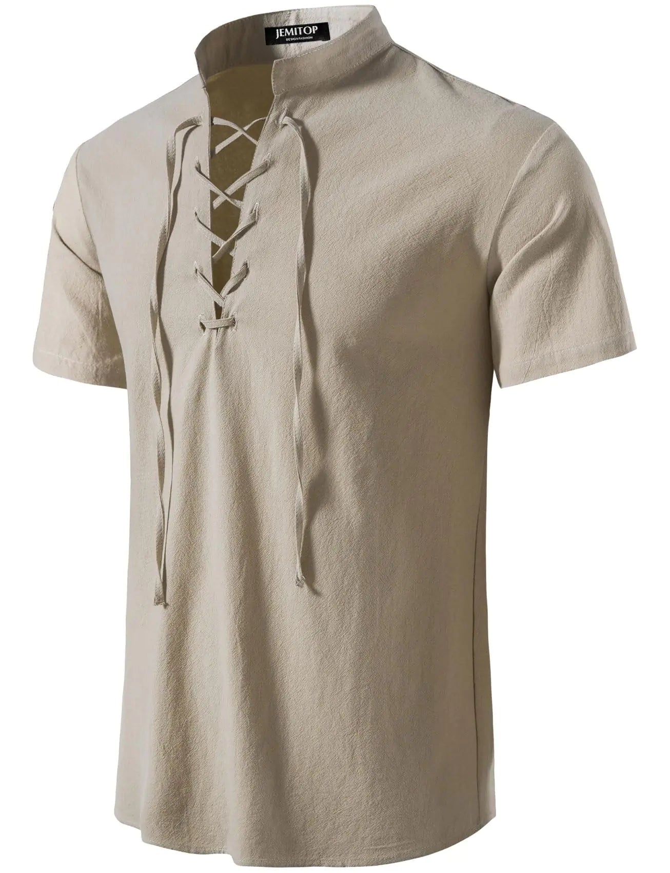 JEMITOP Mens Retro Renaissance Costume Short Sleeve Lace Up Shirts for Pirate Viking Medieval Vampire Halloween Cosplay Clothing Solid Khaki XXL