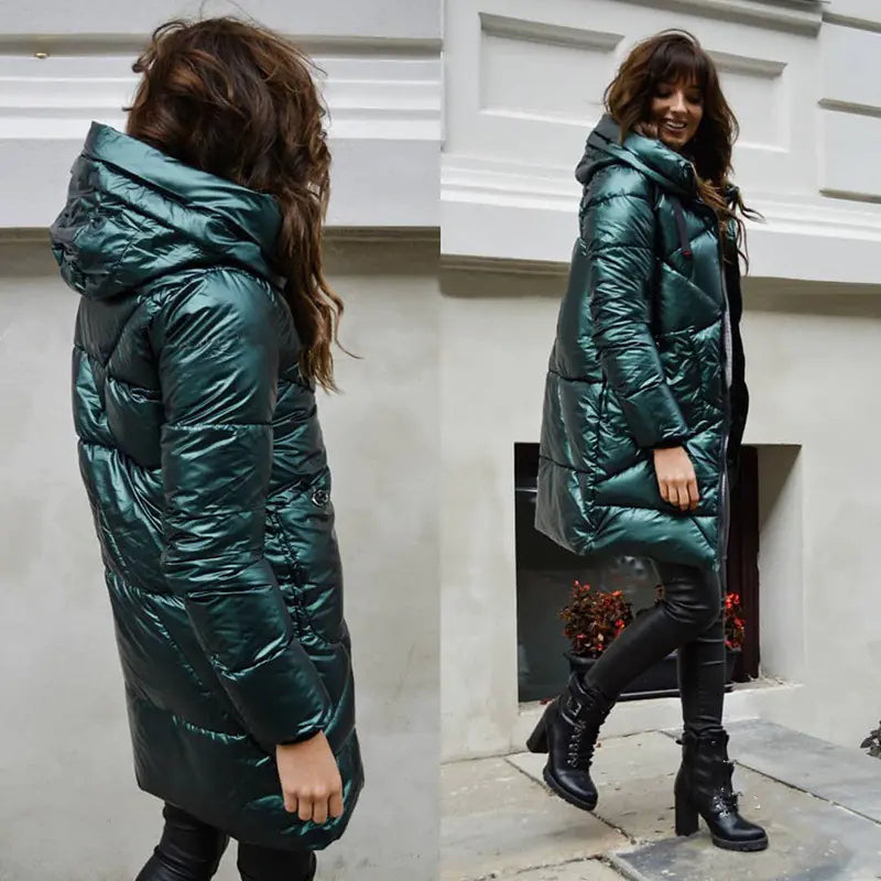 Women's Mid-length Solid Color Cotton Hooded Jacket Pi-Mart