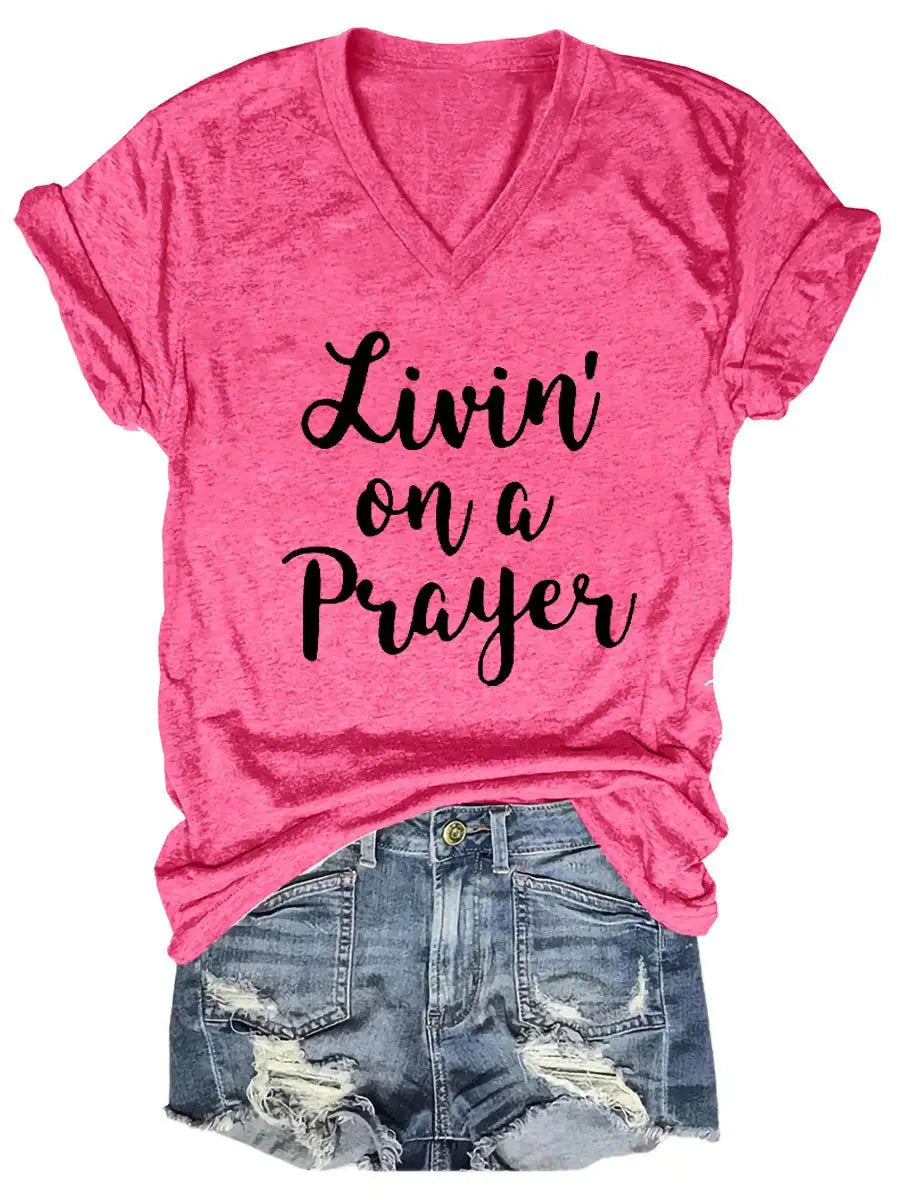 Women's Livin' On A Prayer V-Neck Shirt Pi-Mart
