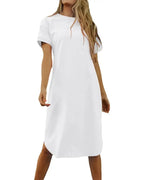 Dyexces Womens Summer Tshirt Midi Dresses Tshirts Crew Neck Short Sleeve Dress T-Shirts Solid Basic Casual Maxi Dresses with Pocket T-Shirt Dresses White