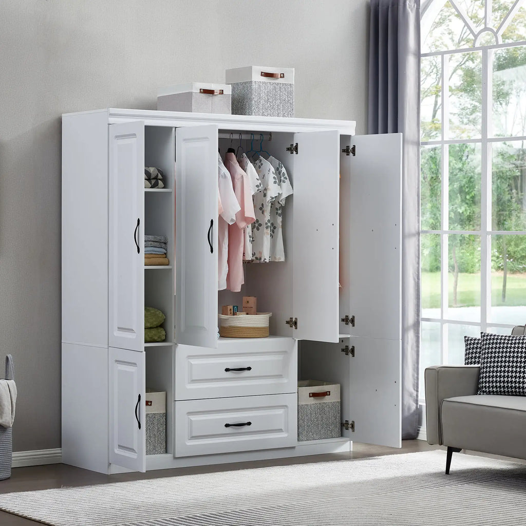 YG-15 74" H White Solid Wood Freestanding Wardrobe Closet for Clothes Storage. Bedroom Wardrobe Storage Cabinet featuring 2 Hanging Rod Shelves, 2 Drawers, and 5 Storage Compartments Pi-Mart