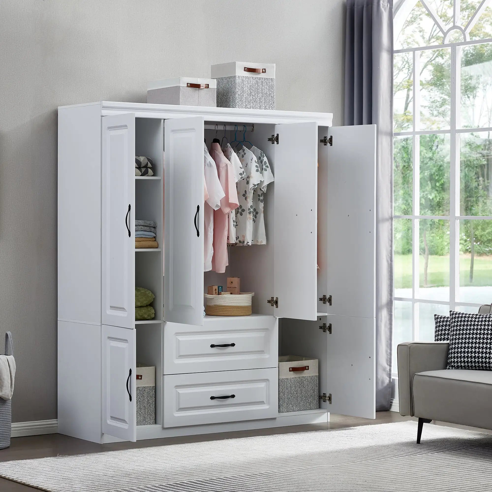 YG-15 74" H White Solid Wood Freestanding Wardrobe Closet for Clothes Storage. Bedroom Wardrobe Storage Cabinet featuring 2 Hanging Rod Shelves, 2 Drawers, and 5 Storage Compartments Pi-Mart