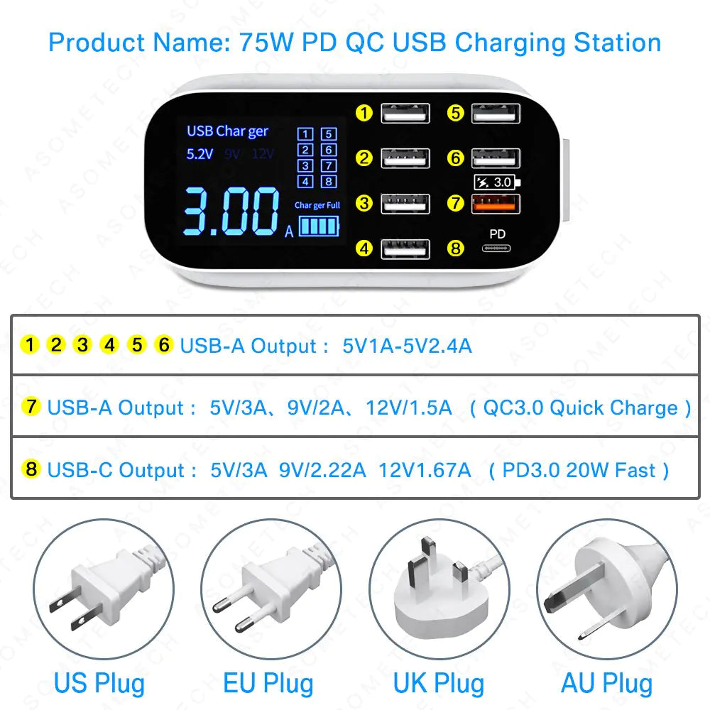 8/4-Port LED Display USB Charger Pi-Mart