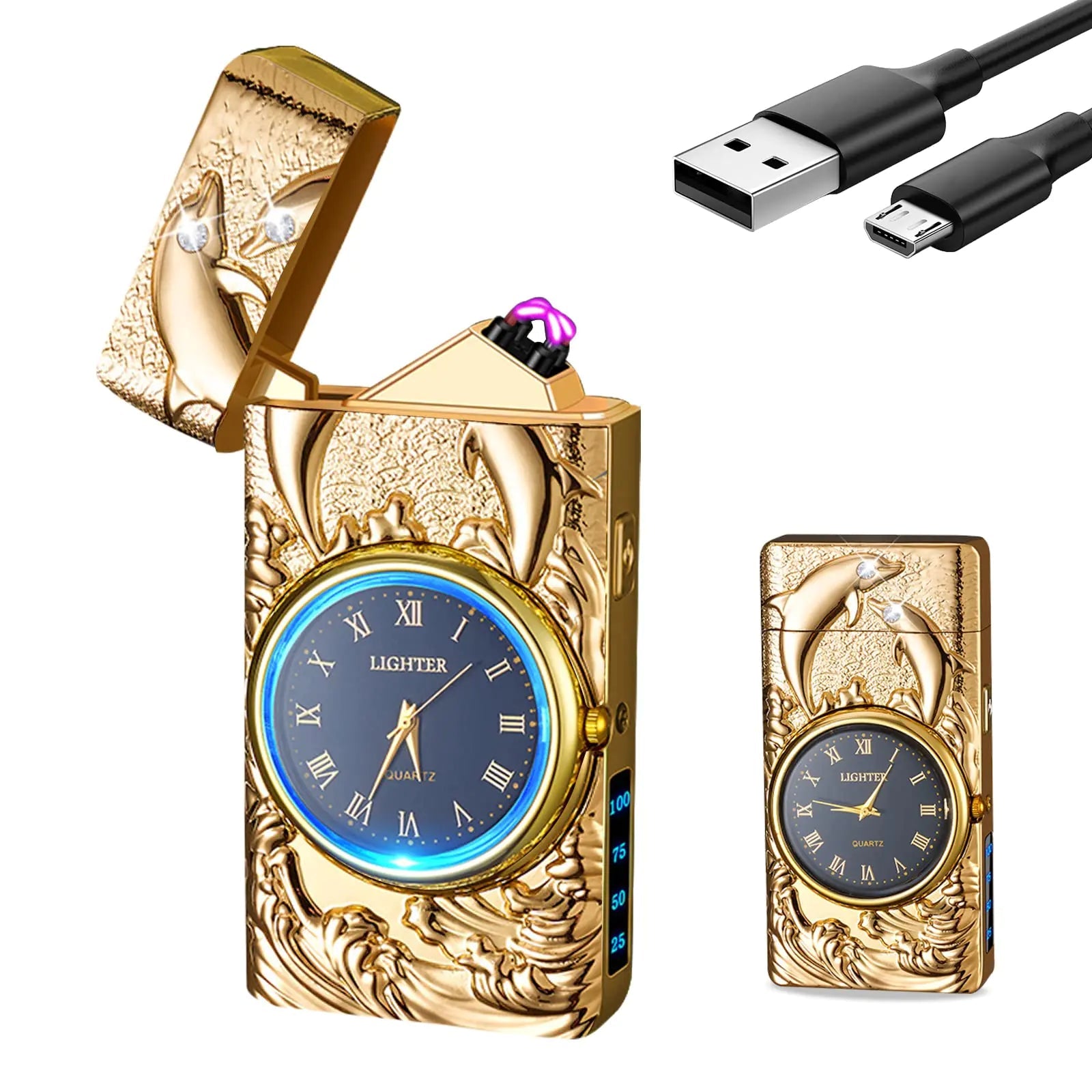 YOZWOO Electric Lighter USB Rechargeable Lighter Type-C Plasma Arc Lighter Clock Lighter Windproof Lighte Candle Lighter Cool Mens Lighter with LED Lighting Gift for Boys and Girls (Gold) Lootquake LLC