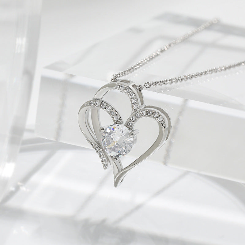 Zircon Double Love Necklace With Rhinestones Ins Personalized Heart-shaped Necklace Clavicle Chain Jewelry For Women Valentine's Day Pi-Mart