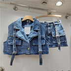 Retro Pink Large Pocket Denim Suit Spring Summer Sleeveless Short Vest High Waist Hip Wrapped Skirt 2 Pieces Sets Women Outfits Purplish Diva