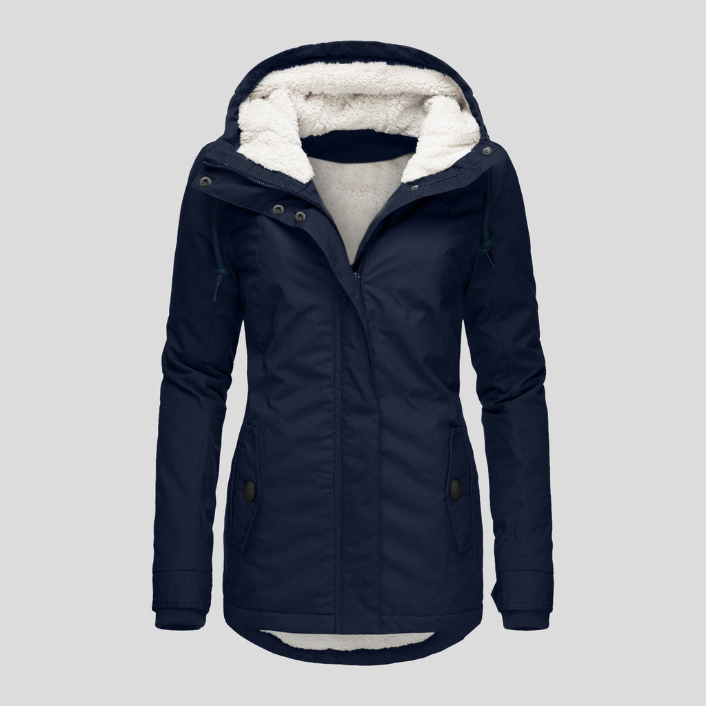 Winter Hooded Jacket Solid Color Warm Buckle Zip-up Fleece Jacket With Pockets Women's Casual Jacket Pi-Mart