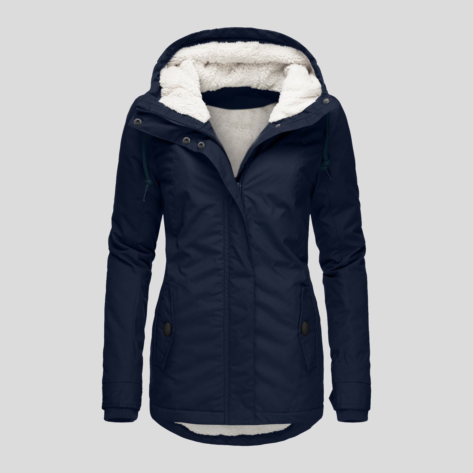 Winter Hooded Jacket Solid Color Warm Buckle Zip-up Fleece Jacket With Pockets Women's Casual Jacket Pi-Mart