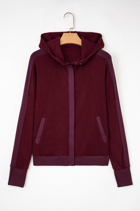 Waffle Zip Up Snap Button Hooded Jacket THRIXINE