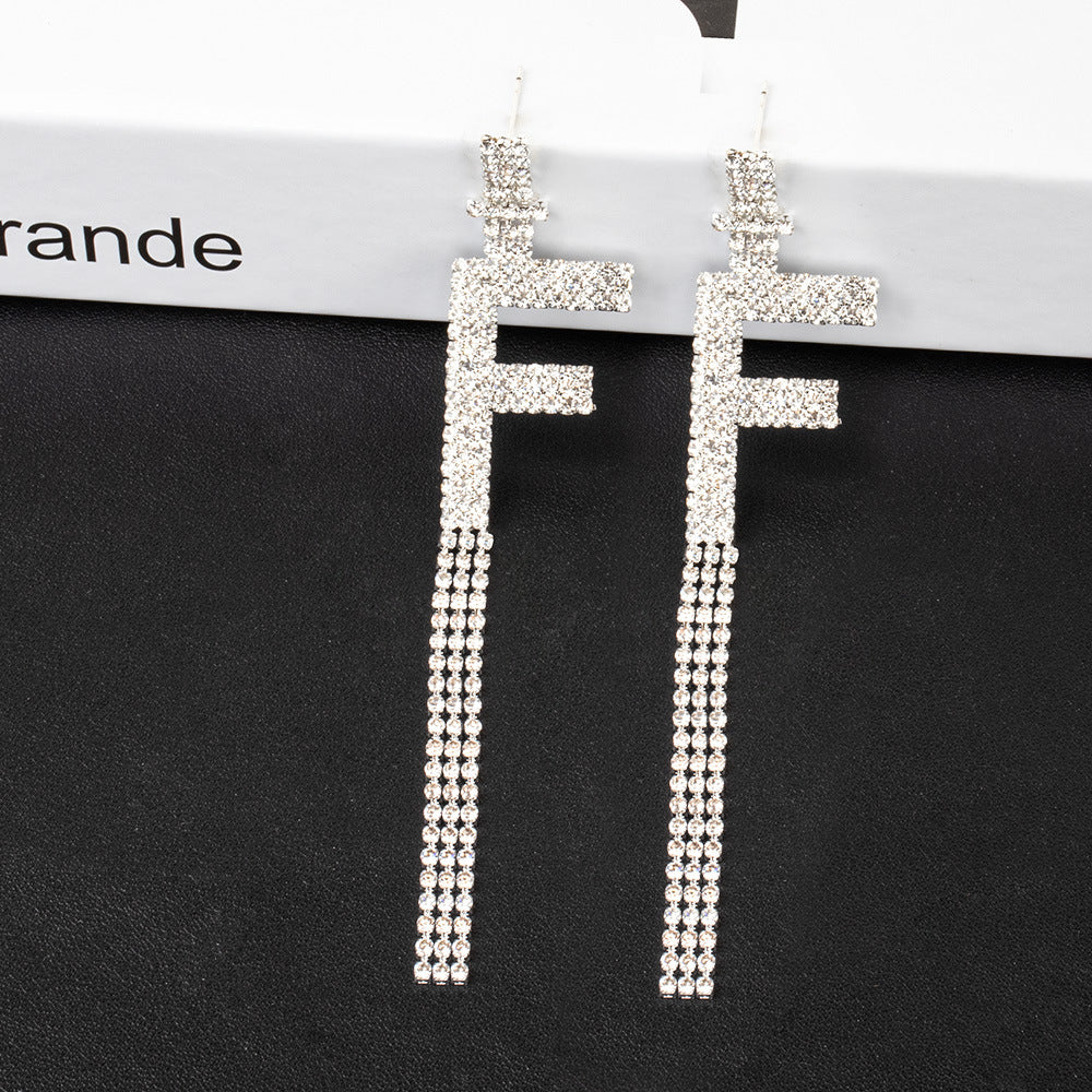 Fashion Jewelry 925 Silver Needle Ornaments Rhinestone Letter B Earrings Banquet Tassel Ear Ornaments Female Pi-Mart