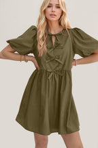 Elegant Ruched Puff Sleeve Mini Dress Vintage Bow Detail Cute Short Dress for Women