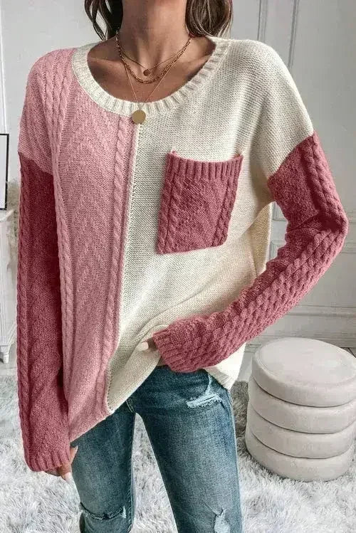 Color Block Round Neck Long Sleeve Sweater - SJB-DIAMOND ELITES