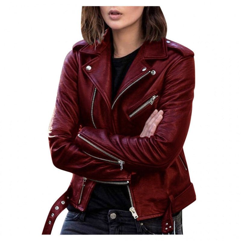 Women's Short Women's Leather Jacket Coat Jacket Pu Pi-Mart