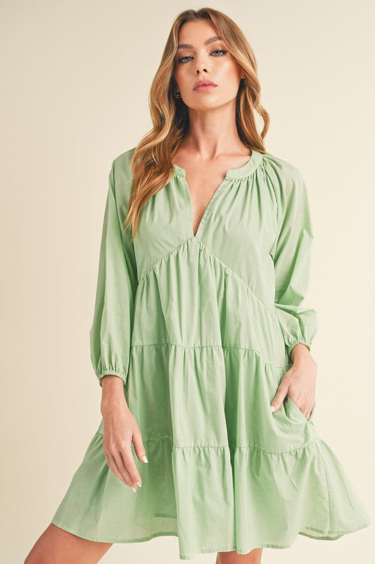 Notched Balloon Sleeve Tiered Mini Summer Dress For Women, A Chic & Trendy Statement and Comfortable Piece Stevvex