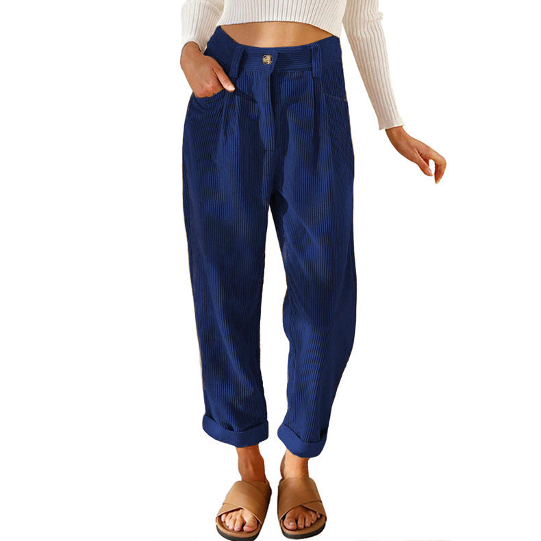 Women's High Waist Pure Color Corduroy Casual Pants Pi-Mart