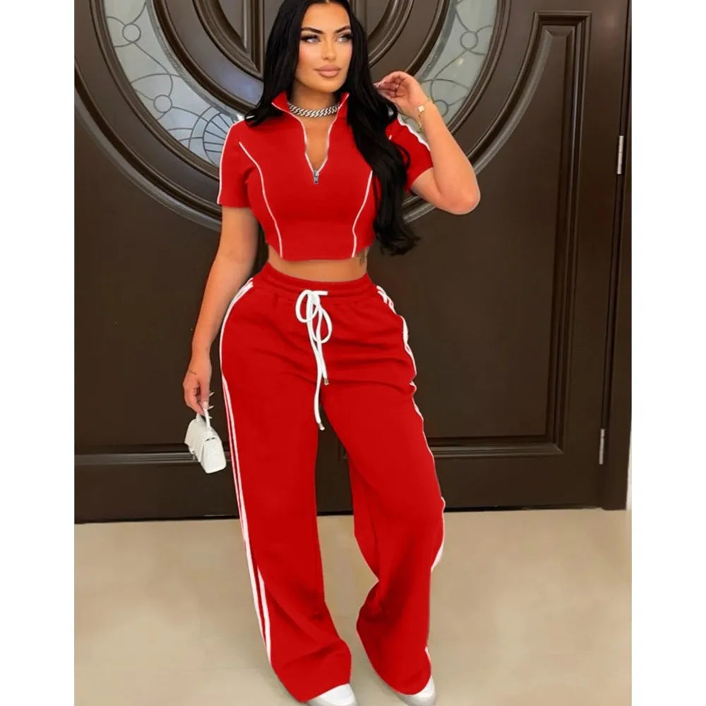 Fashion Casual Short Hoodie 2 Piece Women Summer Zipper Top Short Sleeved Sports T Shirt Stripe Splicing Long Pants Female Suit Purplish Diva