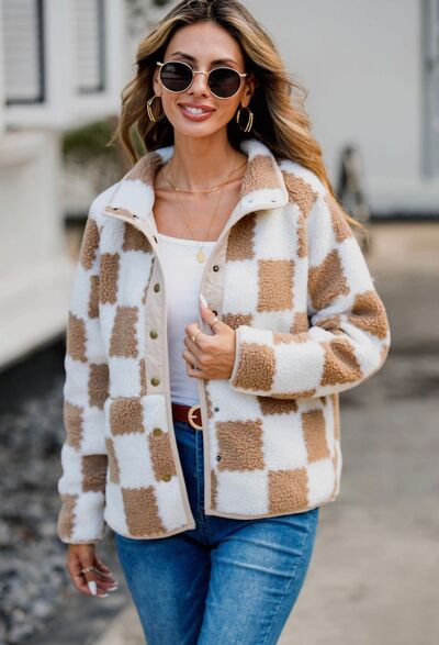 Elegant Checkered Snap Down Long Sleeve Teddy Jacket Soft & Warm Colorful Jacket Stevvex