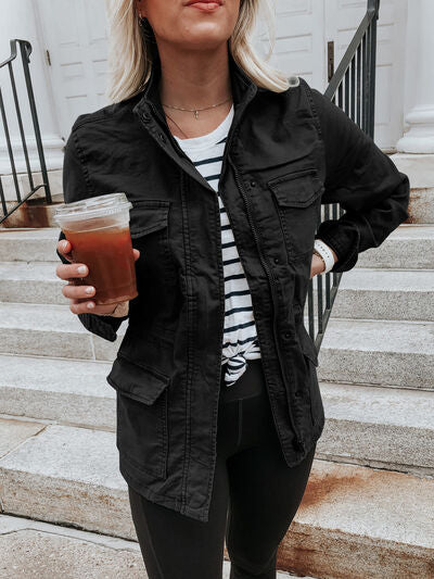 Retro Pocketed Long Sleeve Zip-Up Jacket Lightweight & Stylish Outerwear for Everyday Wear Stevvex