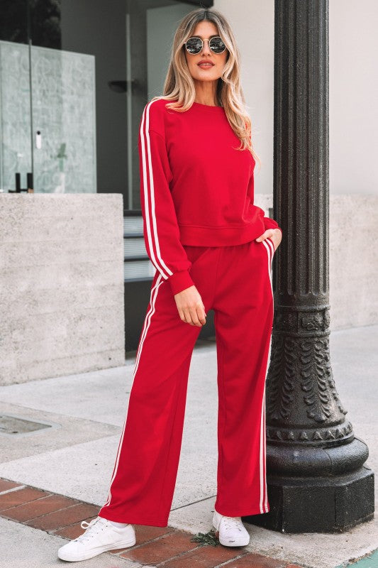 Varsity Stripe Crewneck Pullover and Sweatpants Set THRIXINE