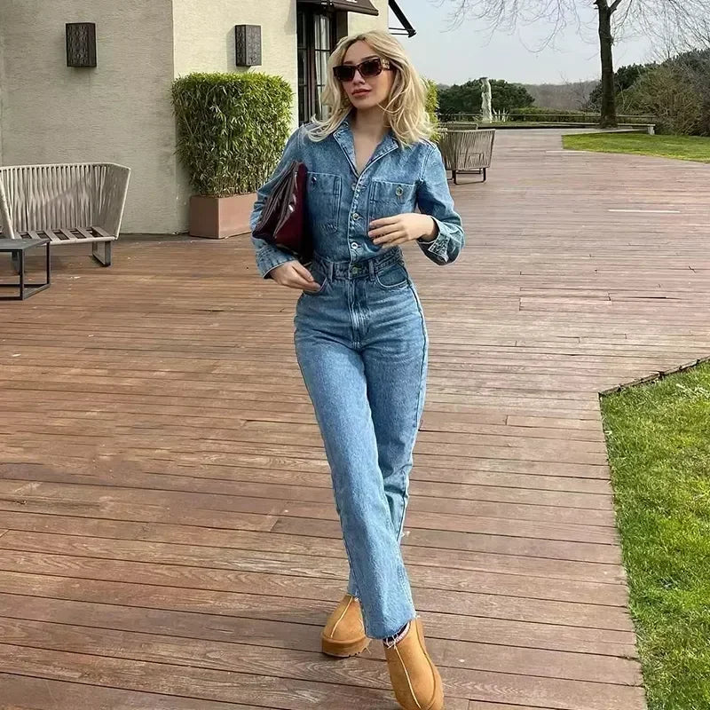 Autumn Denim Jumpsuit for Women Overalls Woman Jean Overalls Long Sleeve Elegant Jumpsuits Y2k Streetwear 2024 Turn Down Collar Purplish Diva