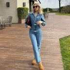 Autumn Denim Jumpsuit for Women Overalls Woman Jean Overalls Long Sleeve Elegant Jumpsuits Y2k Streetwear 2024 Turn Down Collar Purplish Diva