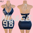 HLJ Blue Sexy Y2K Letter Printing Mini Skirts Two Piece Sets Women Halter V Neck Bangage Slim Crop Top And Skirts Outfits 2025 Purplish Diva