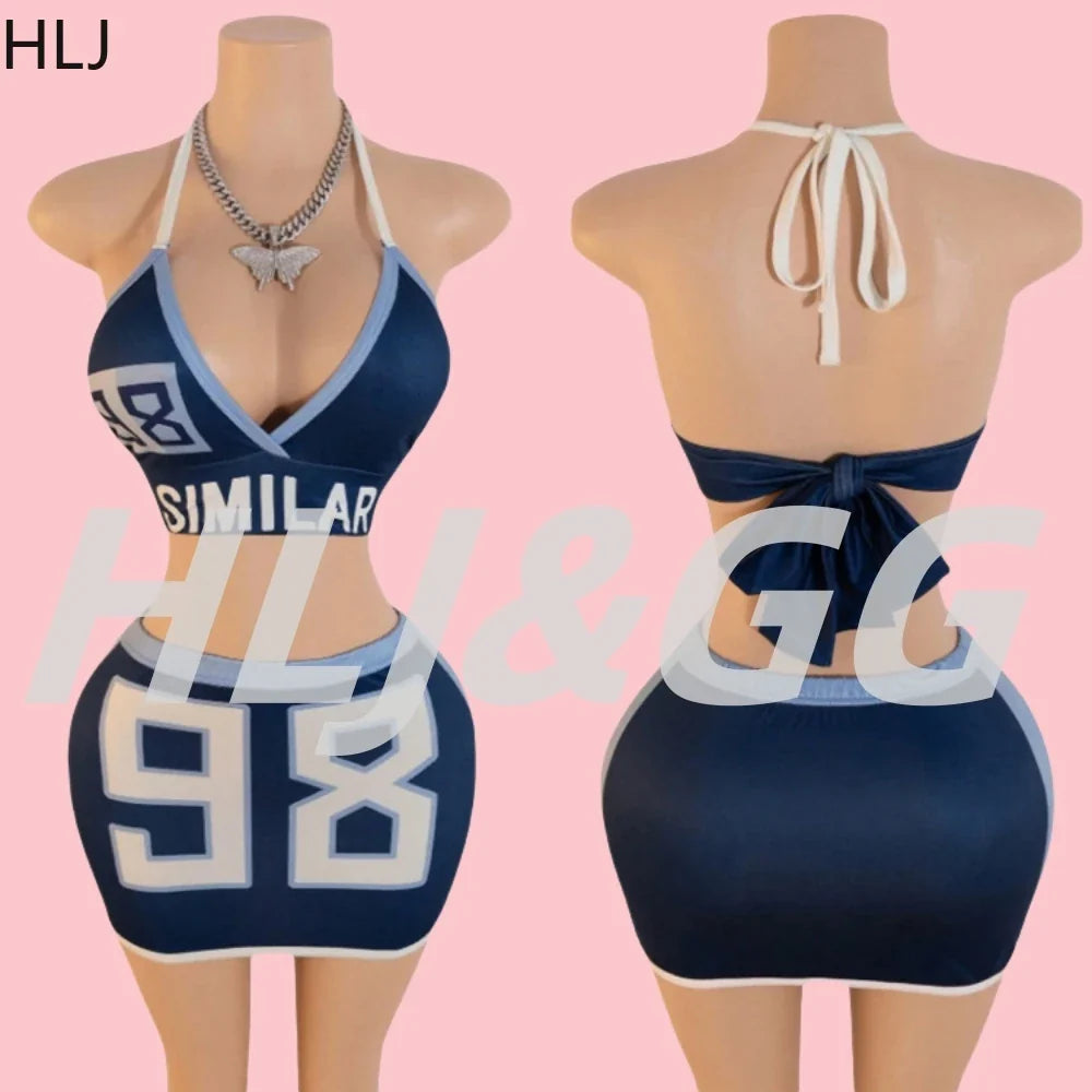 HLJ Blue Sexy Y2K Letter Printing Mini Skirts Two Piece Sets Women Halter V Neck Bangage Slim Crop Top And Skirts Outfits 2025 Purplish Diva