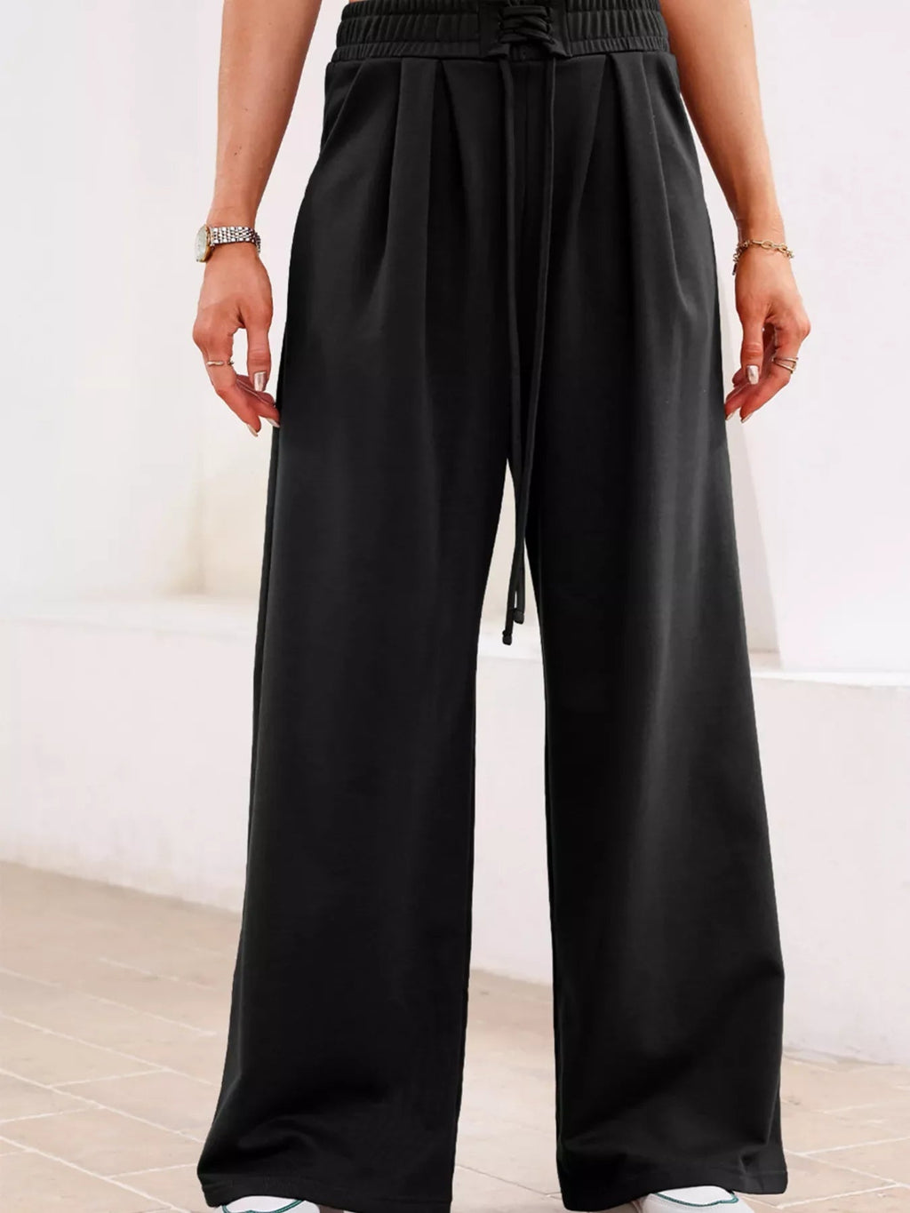 Tied Elastic High Waist Pleated Detail Solid Sweatpants THRIXINE