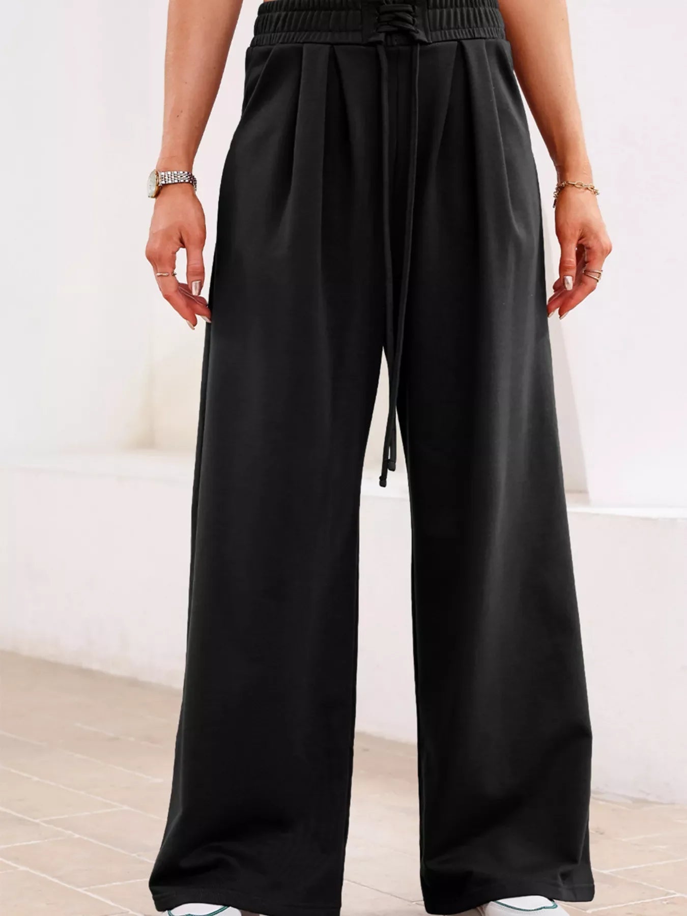 Tied Elastic High Waist Pleated Detail Solid Sweatpants THRIXINE