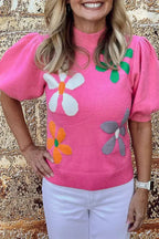 Bright Green 60s Floral Bubble Short Sleeve Knitted Top
